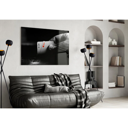 Black and white hand holding ace of spades and hearts wall art canvas print