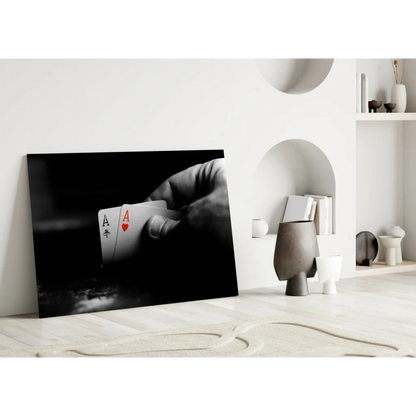 Black-and-white hand holding two aces canvas wall art with red heart pop