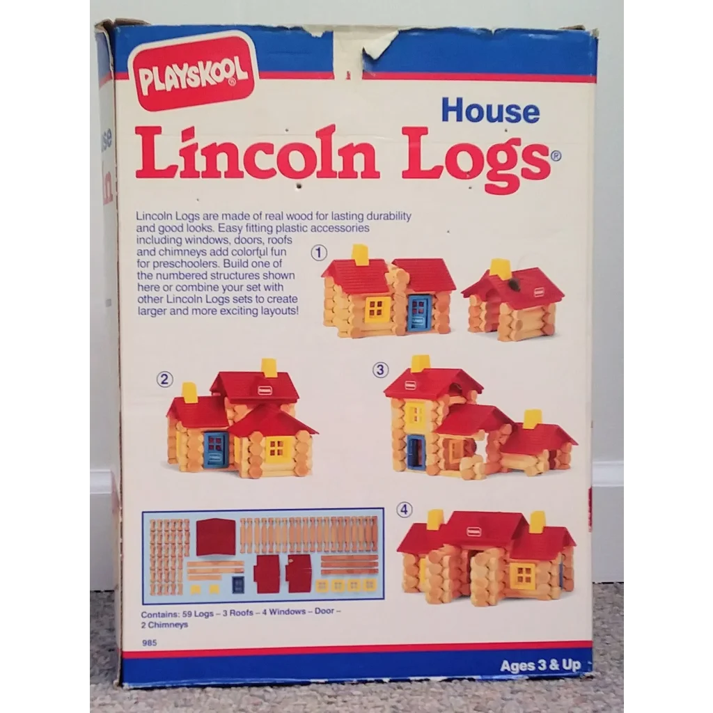 Vintage 1992 Playskool Lincoln Logs set with 50 logs, red roofs, doors