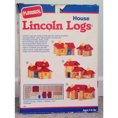 Vintage 1992 Playskool Lincoln Logs set with 50 logs, red roofs, doors