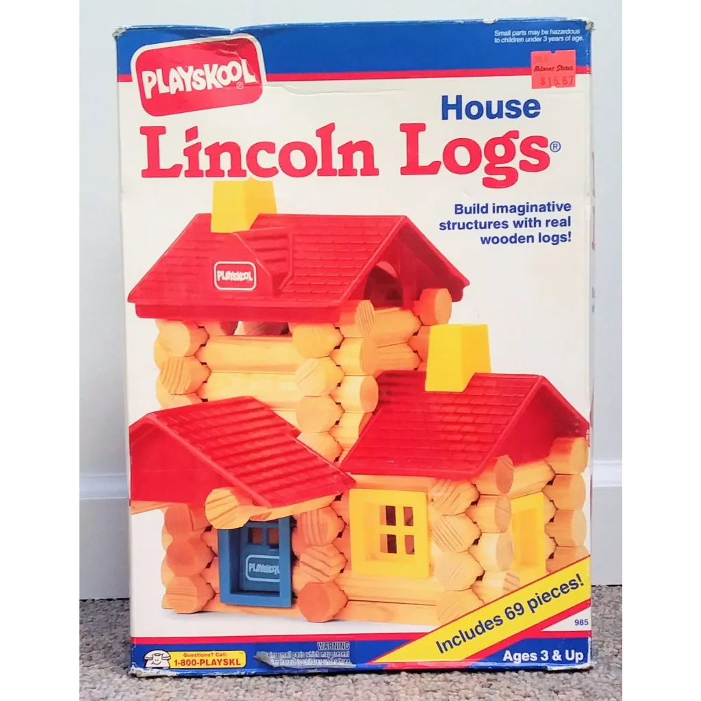 Vintage Playskool Lincoln Logs set with 69 red yellow cabin pieces