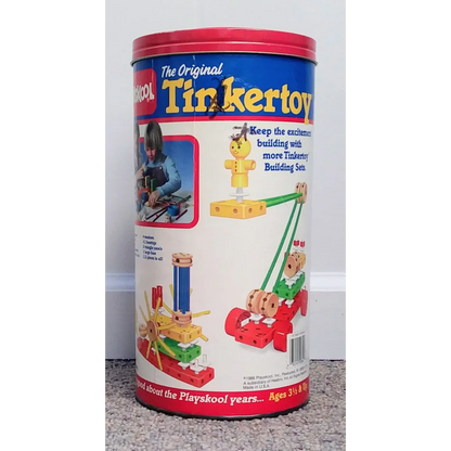 Vintage 1986 Playskool Tinkertoys Set in colorful cylindrical container