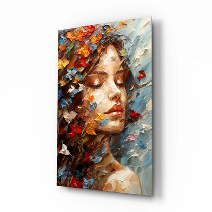 Vibrant butterfly dreams glass wall art of woman with colorful butterflies