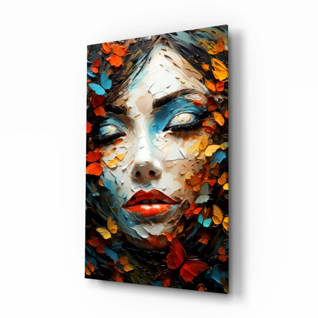 Stunning butterfly portrait glass wall art with bold blue eyeshadow and red lips