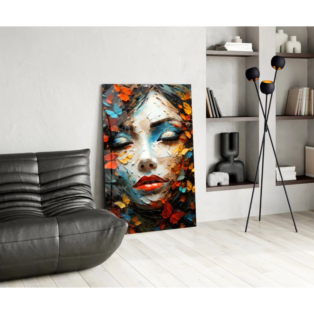Stunning butterfly portrait glass wall art with bold blue eyes