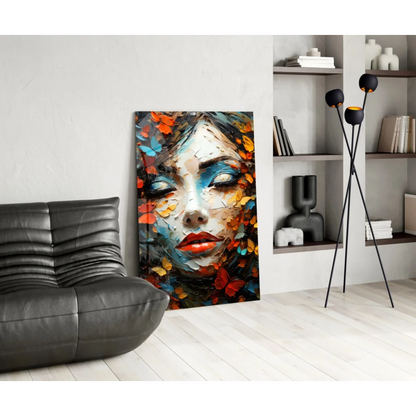 Stunning butterfly portrait glass wall art with bold blue eyes