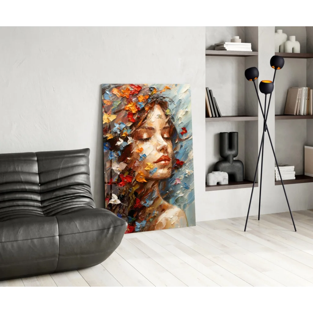 Vibrant butterfly dreams wall art of abstract woman face with impasto flowers