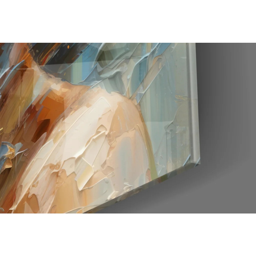 Abstract impasto wall art with textured beige orange flowers on blue gray canvas