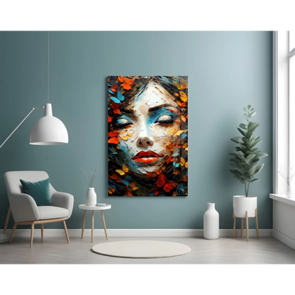 Vibrant butterfly portrait glass wall art with bold colors and autumn leaves