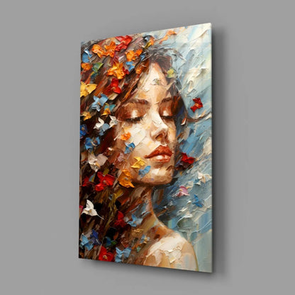 Serene woman with butterflies in vibrant impasto wall art
