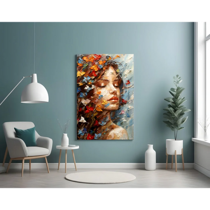 Vibrant butterfly dreams glass wall art of womans face in colorful impasto flowers