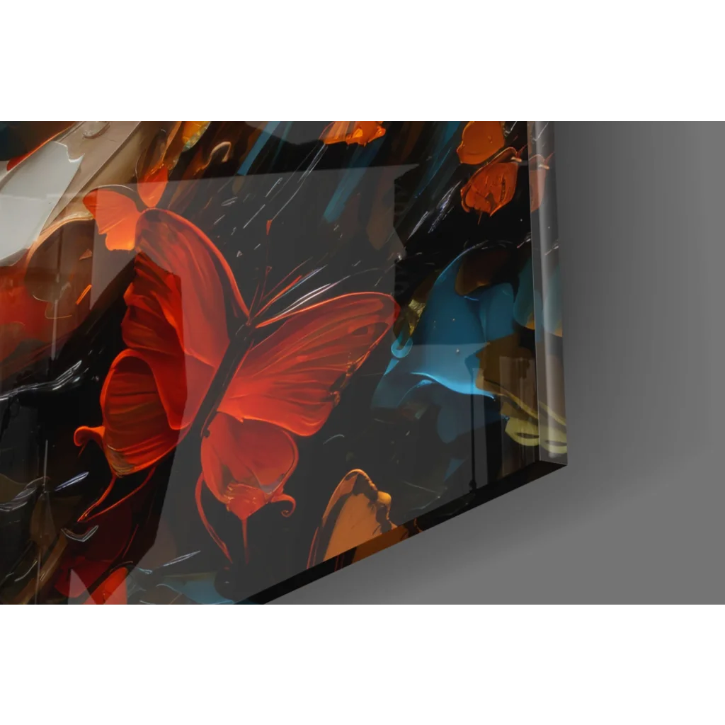 Vibrant red and blue butterfly on glossy glass wall art panel