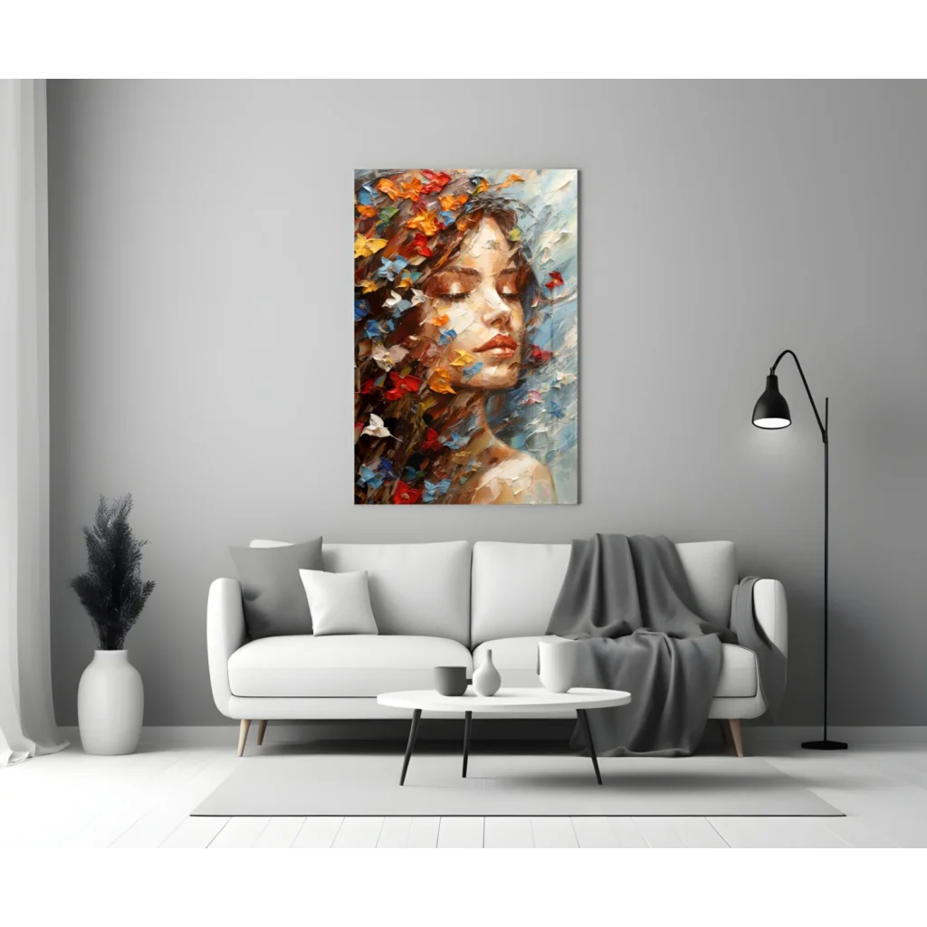 Vibrant butterfly dreams wall art: impasto portrait of woman with colorful flowers