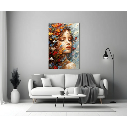 Vibrant butterfly dreams wall art: impasto portrait of woman with colorful flowers