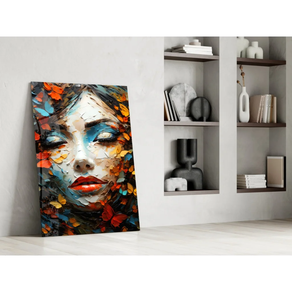 Stunning butterfly portrait glass wall art with bold blue eyes and vibrant colors