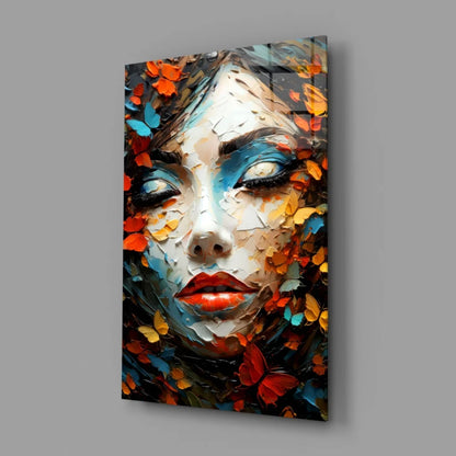 Stunning butterfly portrait glass wall art with bold blue orange accents