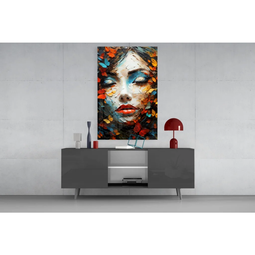 Vibrant butterfly portrait glass wall art with bold blue eyes and autumn leaves