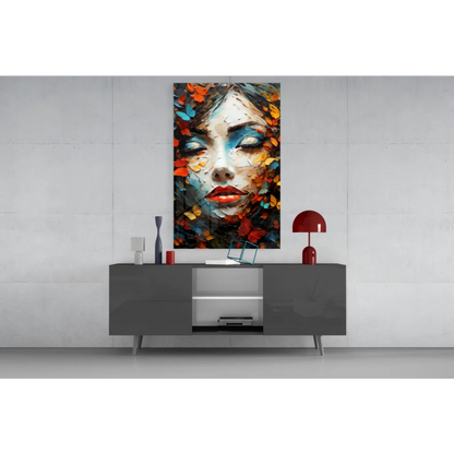 Vibrant butterfly portrait glass wall art with bold blue eyes and autumn leaves