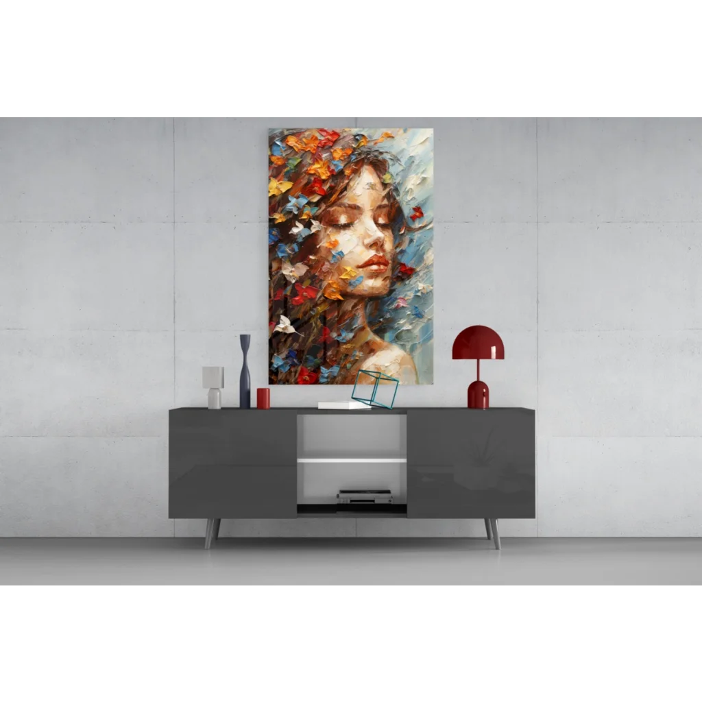 Vibrant butterfly dreams wall art with autumn leaves and colorful impasto flowers
