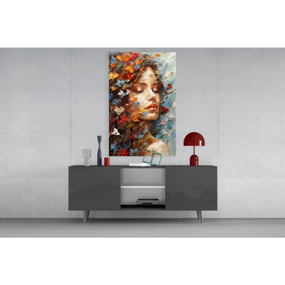 Vibrant butterfly dreams wall art with autumn leaves and colorful impasto flowers