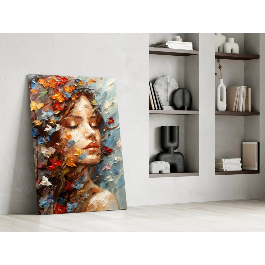 Vibrant butterfly dreams glass wall art with impasto flowers and autumn leaves