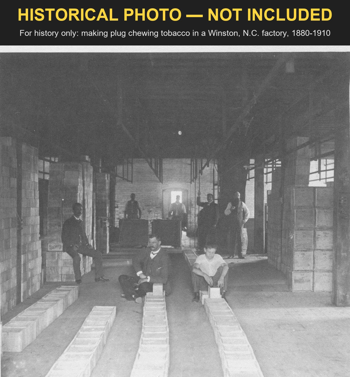 Workers making plug chewing tobacco in a Winston, North Carolina factory, 1880-1910 - the kind of plug these tin tags were pressed into; historical photo, not included