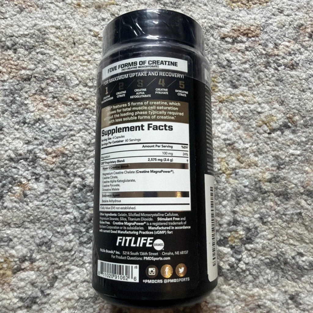 PMD CR5 creatine complex black glossy bottle with 5 creatine forms