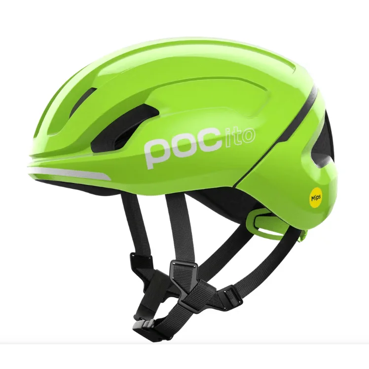 Neon green POCito Omne MIPS kids helmet with EPS liner and rotational impact protection