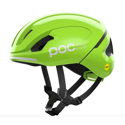 Neon green POCito Omne MIPS kids helmet with EPS liner and rotational impact protection