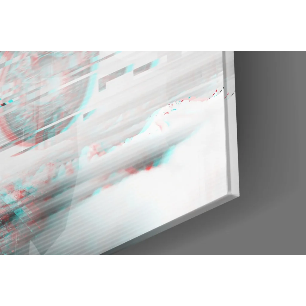 Sleek glitchy pocket watch glass wall art in cyan hues