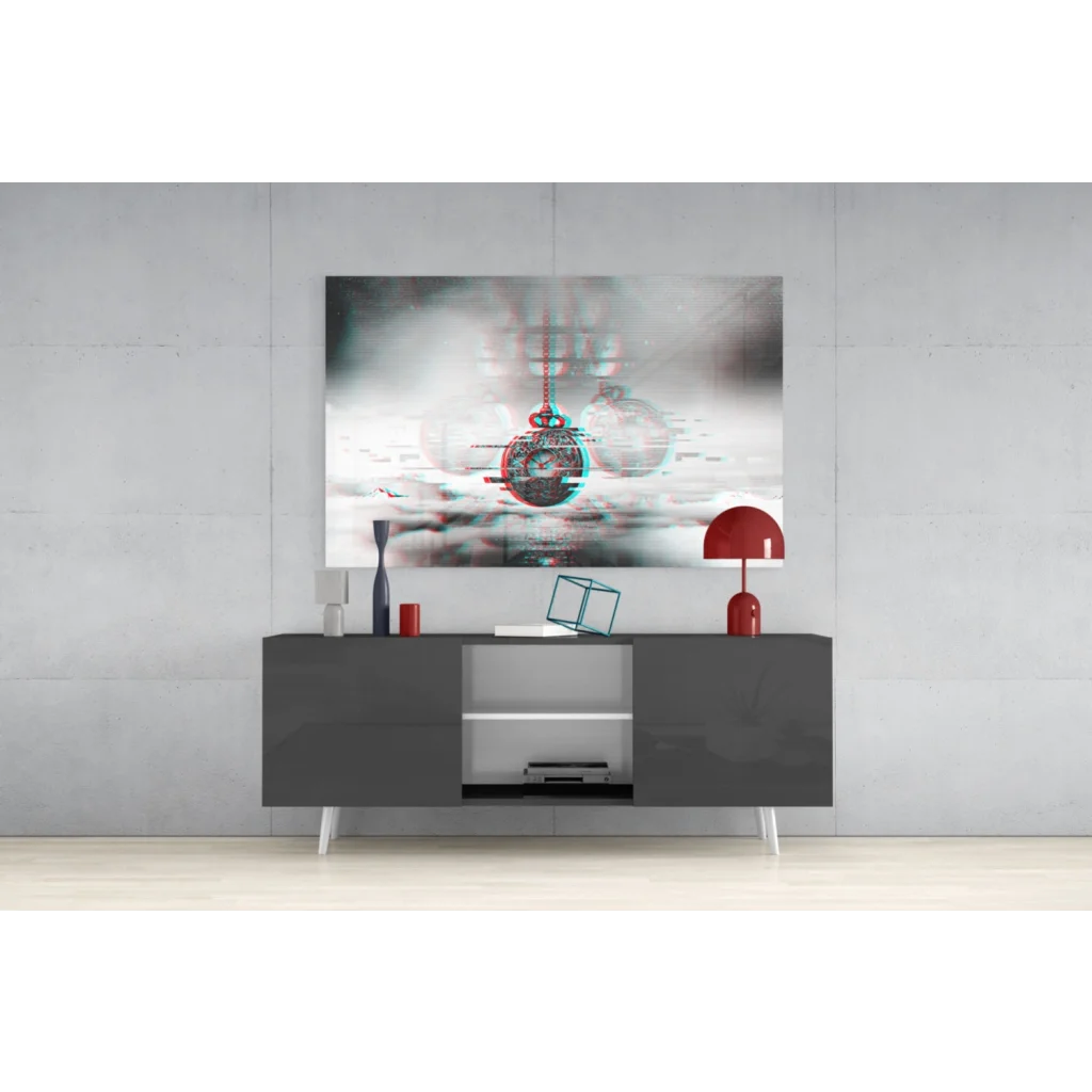 Glitchy Pocket Watch canvas wall art print on modern gray console table