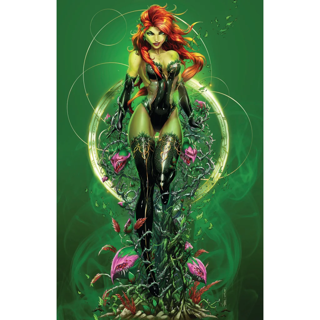 Vibrant Poison Ivy in green bodysuit on brushed aluminum art print