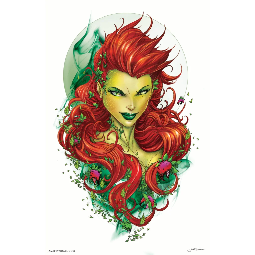 Vibrant Poison Ivy art print on brushed aluminum with fiery red hair and green vines