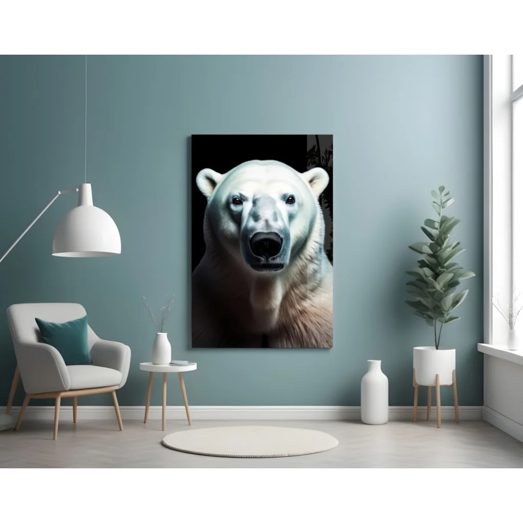 Polar Bear Glass Wall Art Portrait in Stunning Black and White | Contemporary Home Wall Art | vintageantiquesgifts.com
