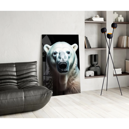 Stunning black and white polar bear glass wall art portrait on canvas