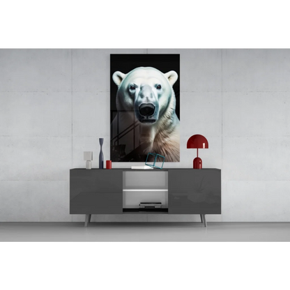 Stunning black-and-white polar bear glass wall art portrait