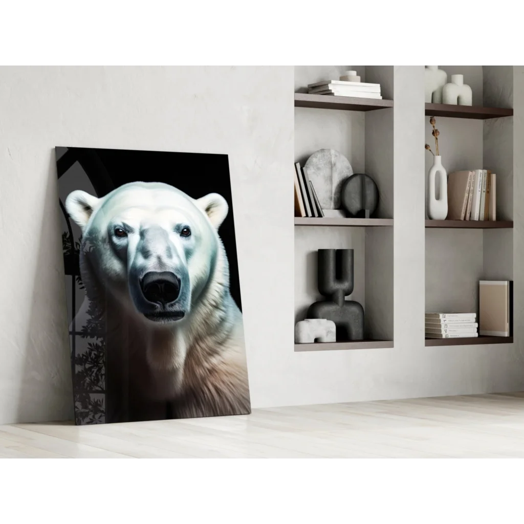Realistic polar bear glass wall art portrait in black and white