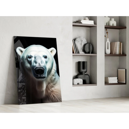 Realistic polar bear glass wall art portrait in black and white