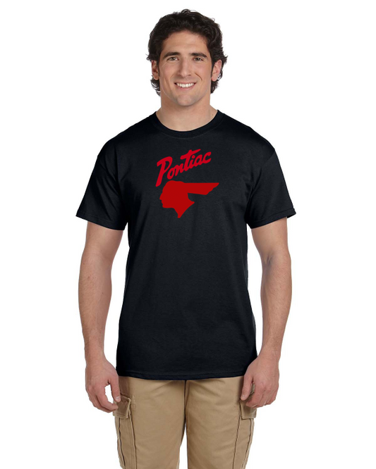 Front view of a smiling man in a black t-shirt with red Pontiac script and chief head logo, khaki cargo pants.