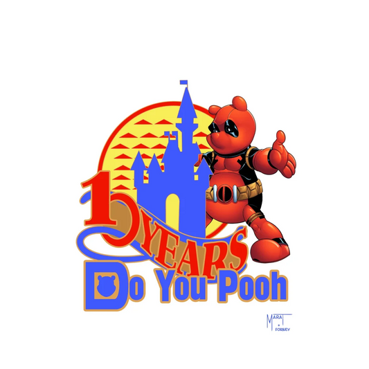 Red Deadpool plush with blue castle and yellow sun, Do You Pooh MegaCon 2025 exclusive