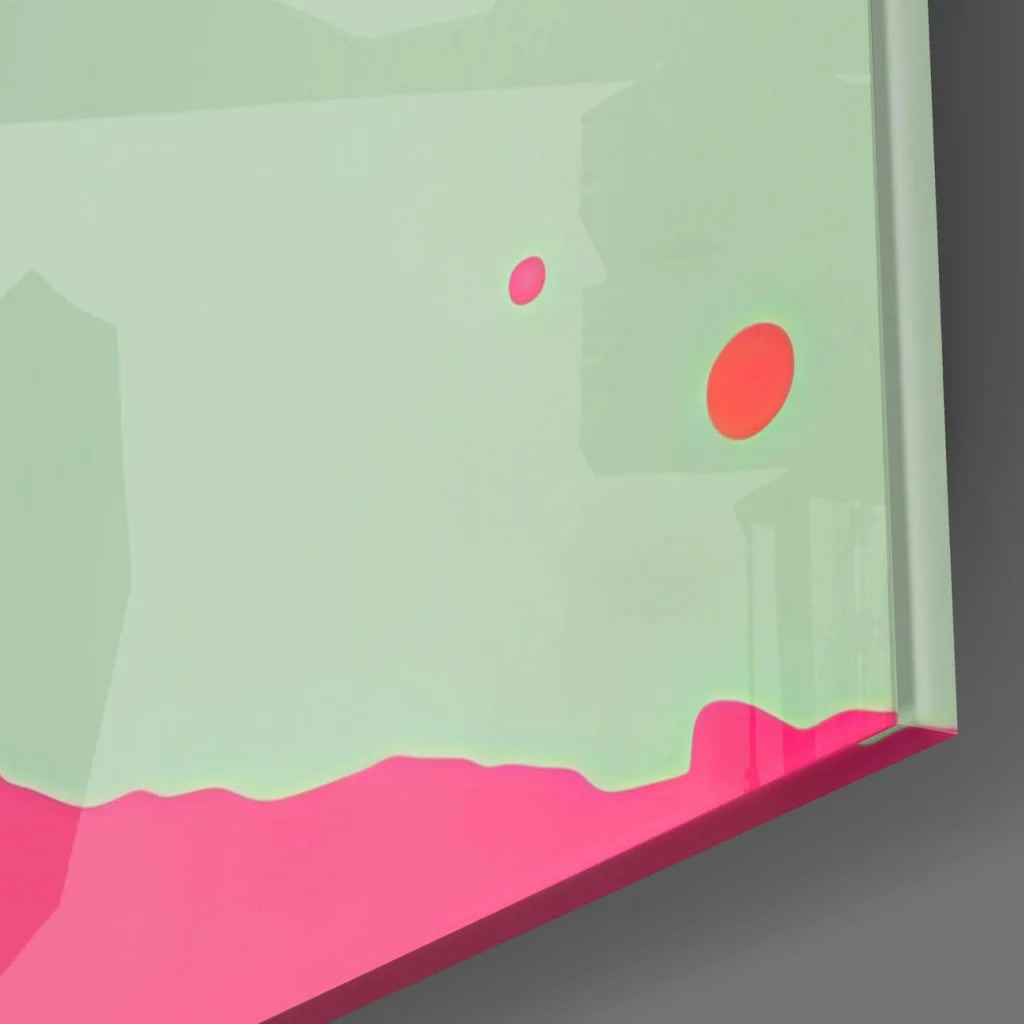 Modern mint green glass wall art with pink orange bubblegum accents