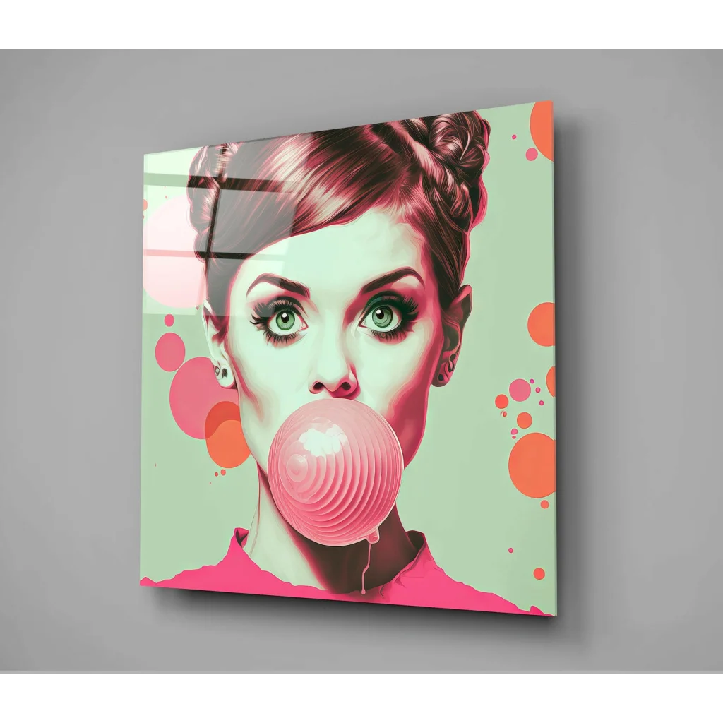 Vibrant pop art glass wall art of bubblegum girl with green eyes