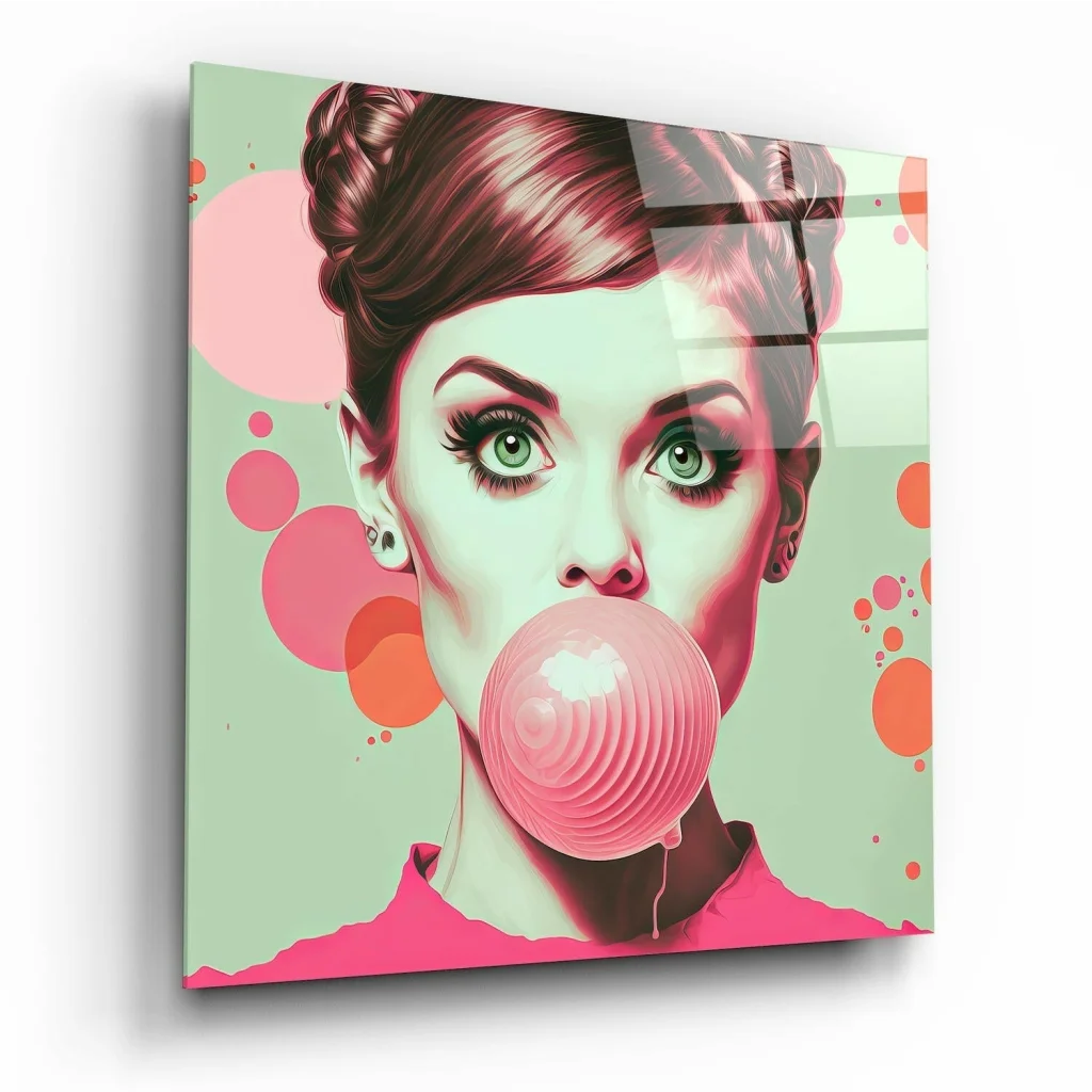 Vibrant pop art glass wall art of bubblegum girl with green eyes on mint background