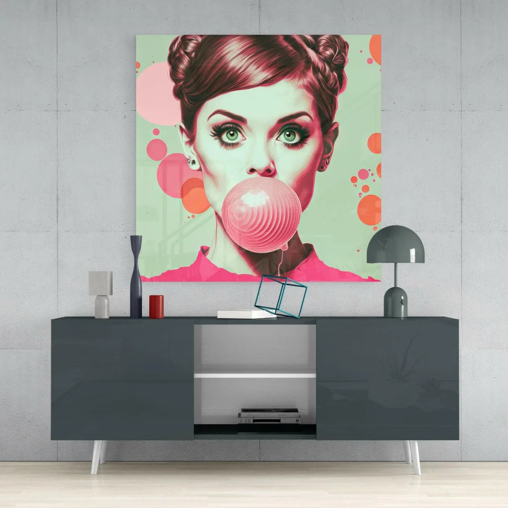 Vibrant pop art glass wall art of bubblegum girl with green eyes on mint background