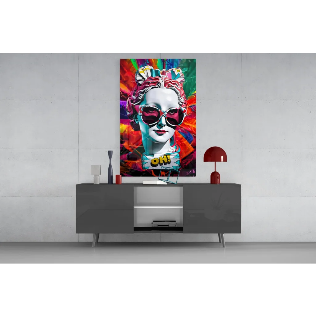 Vibrant pop art woman with red sunglasses on glass wall art canvas
