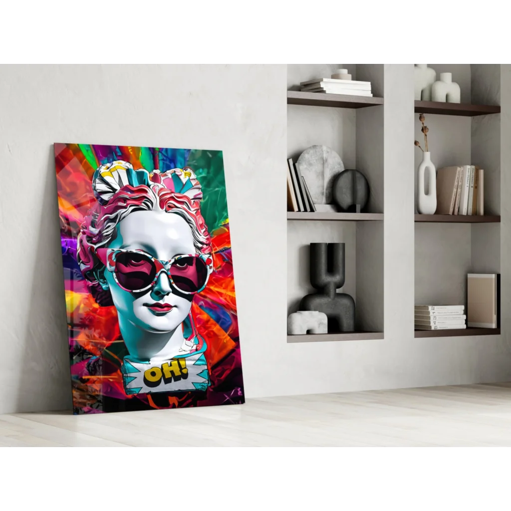 Vibrant pop art woman with pink sunglasses on glass wall art canvas