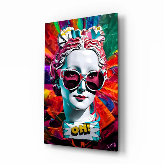 Vibrant pop art woman with red sunglasses glass wall art canvas