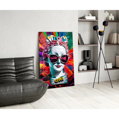 Vibrant pop art woman with red sunglasses on glass wall art canvas