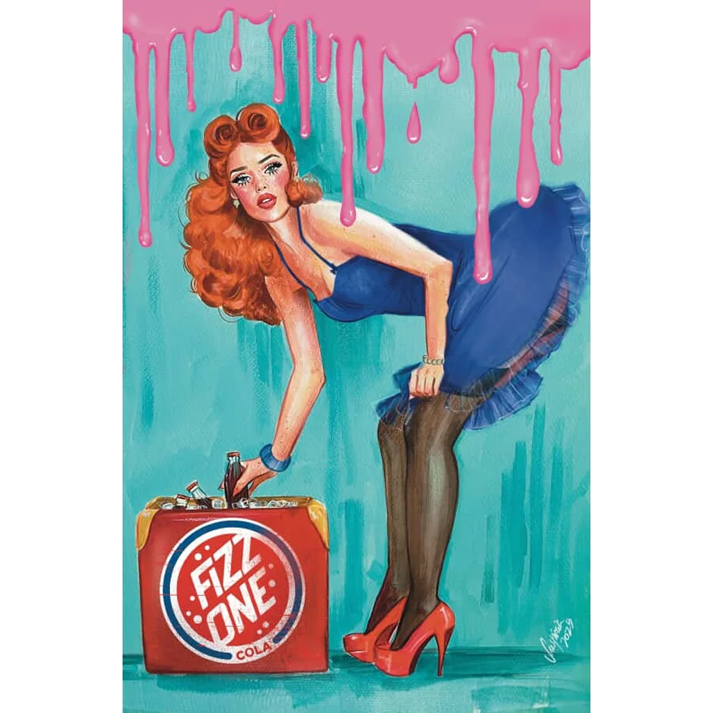Red suitcase with Fizz One logo in Pop Kills #2 Rabbit Comics Exclusive by Suspiria Vilchez