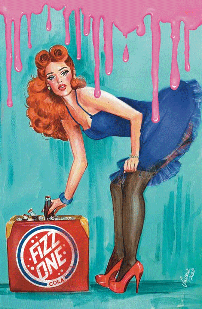 Red suitcase with Fizz One cola logo in Pop Kills #2 Rabbit Comics Exclusive by Suspiria Vilchez